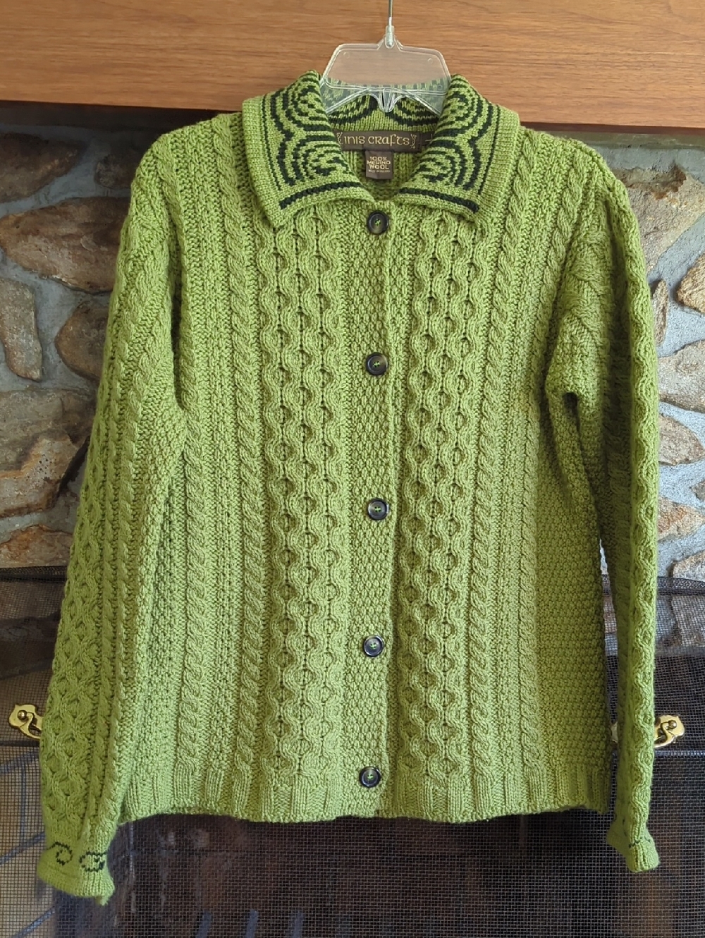 Inis Crafts Green Merino Wool Cable Knit Cardigan